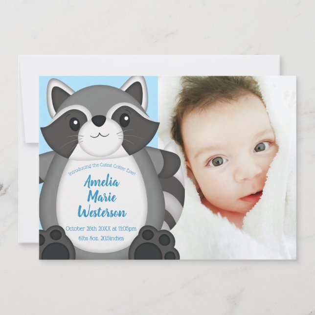 Raccoon Baby Dusche Blue Einladung (Vorderseite)