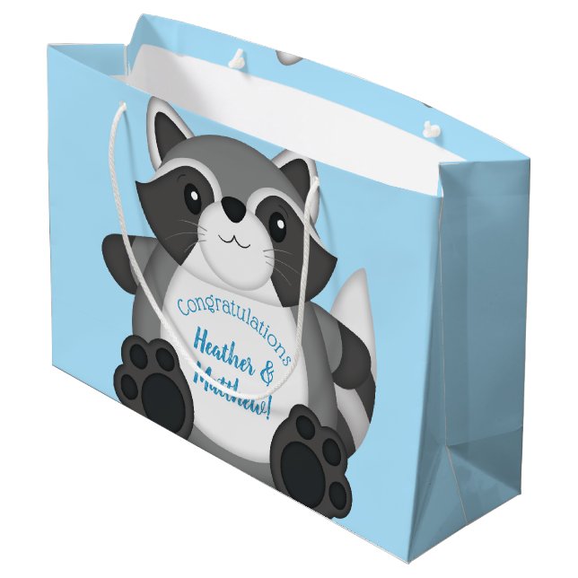 Raccoon Baby Dusche Blue Große Geschenktüte (Rückseite Schrägansicht)