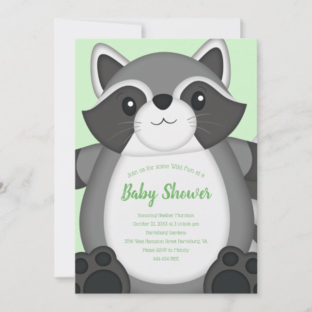 Raccoon Baby Dusche Grün Einladung (Vorderseite)