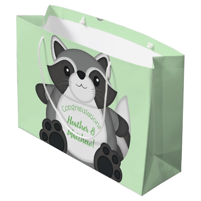 Raccoon Baby Dusche Grün Große Geschenktüte (Rückseite Schrägansicht)