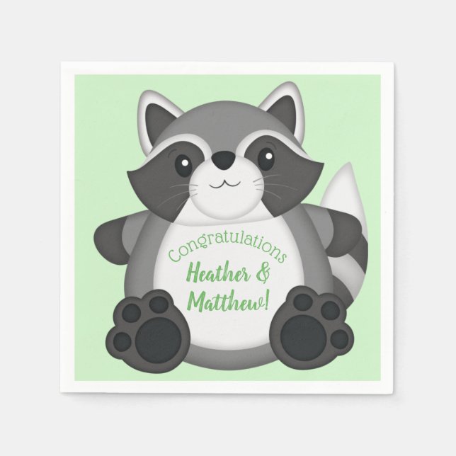 Raccoon Baby Dusche Grün Serviette (Vorderseite)