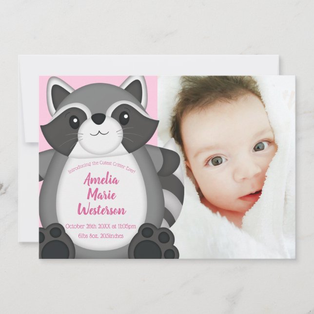 Raccoon Baby Dusche Rosa Einladung (Vorderseite)