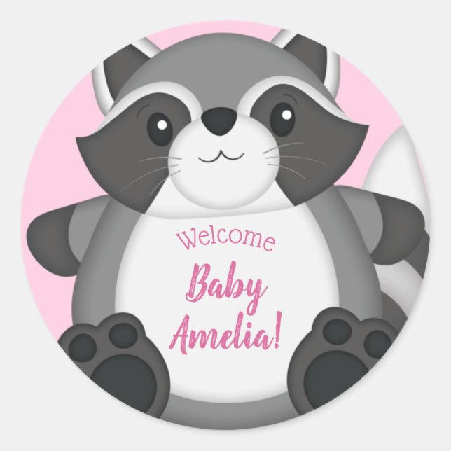 Raccoon Baby Dusche Rosa Runder Aufkleber (Vorderseite)