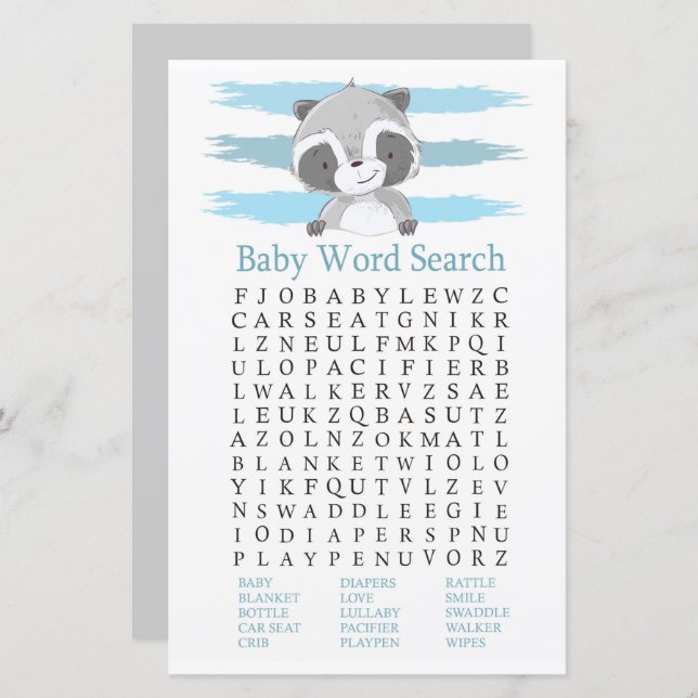 Raccoon Baby Shooter Word Search Game (Vorne/Hinten)