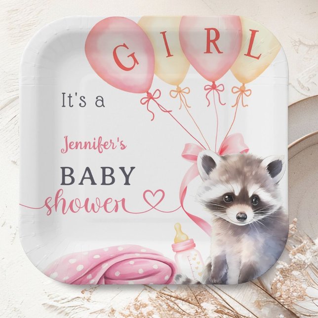 Raccoon Baby Shower Girl Pink Niedliches Papier Pappteller (Von Creator hochgeladen)