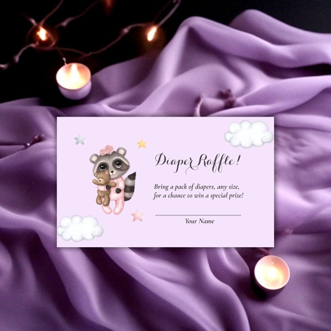 Raccoon Baby Shower Lavender Diaper Raffles Begleitkarte (Raccoon Animal Girl Baby Shower Diaper Raffle Enclosure Card)