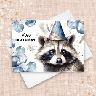 Raccoon Balloons und Party Hat Wildlife Birthday Karte