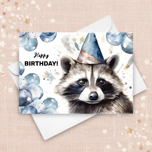 Raccoon Balloons und Party Hat Wildlife Birthday Karte (Von Creator hochgeladen)