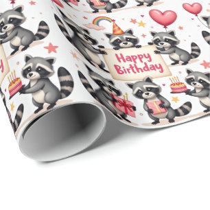 Raccoon Birthday Celebration Scene - Birthday Geschenkpapier