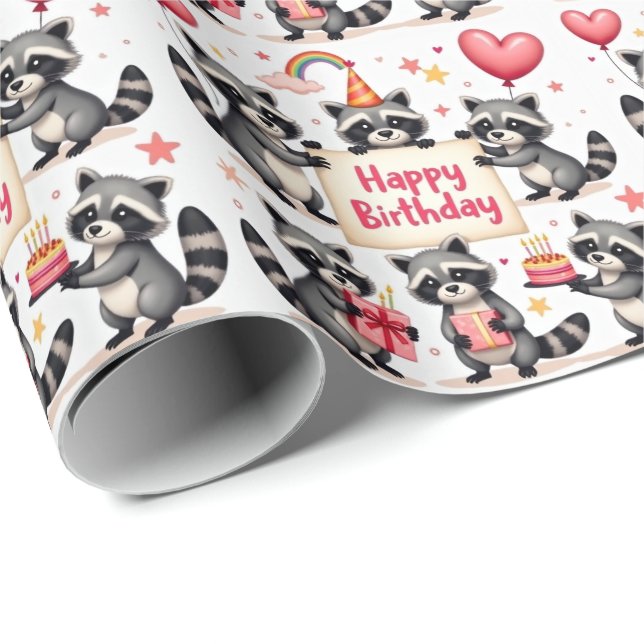Raccoon Birthday Celebration Scene - Birthday Geschenkpapier (Rolleneckpunkt)