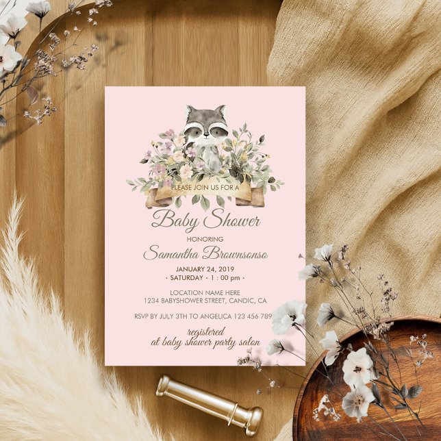 Raccoon Botanical Pink Baby Dusche Einladung (Von Creator hochgeladen)