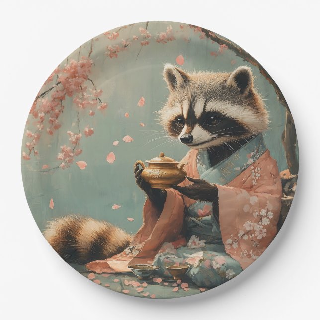 Raccoon Buddha: Friedlicher Tee unter Kirschbaum Pappteller (Vorderseite)