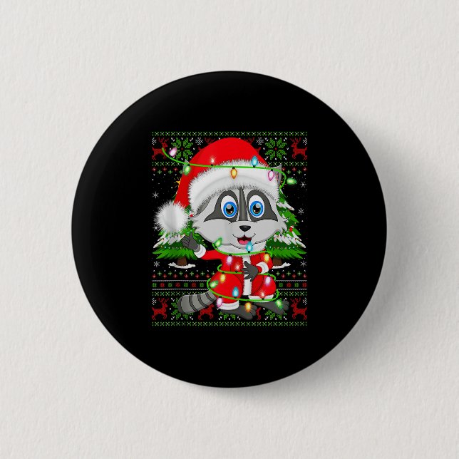 Raccoon Christmas Lights Santa Costume Ugly Xmas S Button (Vorderseite)