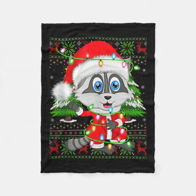 Raccoon Christmas Lights Santa Costume Ugly Xmas S Fleecedecke (Vorderseite)