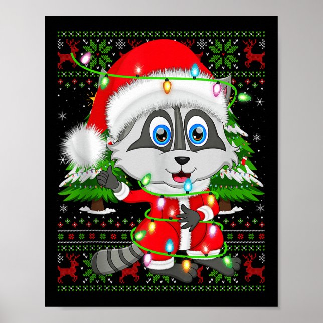 Raccoon Christmas Lights Santa Costume Ugly Xmas S Poster (Vorne)