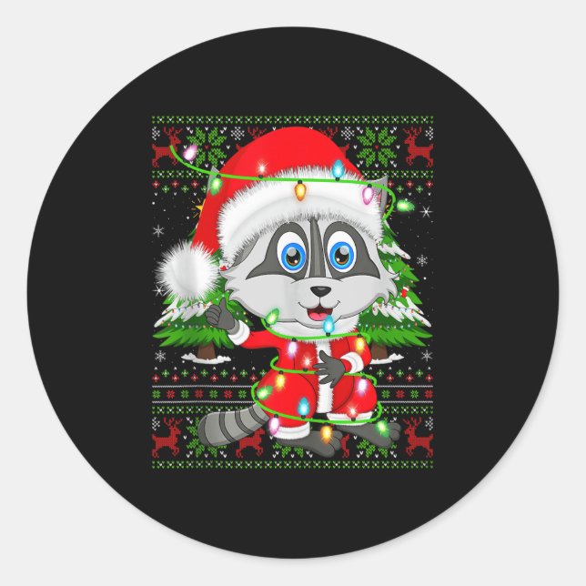 Raccoon Christmas Lights Santa Costume Ugly Xmas S Runder Aufkleber (Vorderseite)