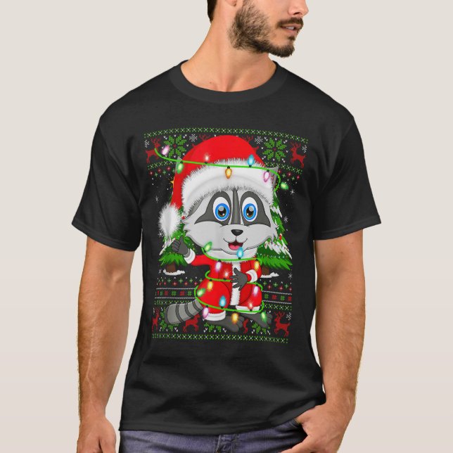 Raccoon Christmas Lights Santa Costume Ugly Xmas S T-Shirt (Vorderseite)