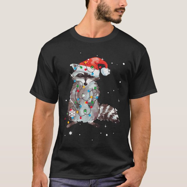 Raccoon Christmas Tree Lights Pajama Racoon Lover T-Shirt (Vorderseite)