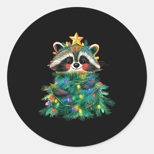 Raccoon Christmas Tree Pajamas Girls Boys Xmas Lig Runder Aufkleber (Vorderseite)