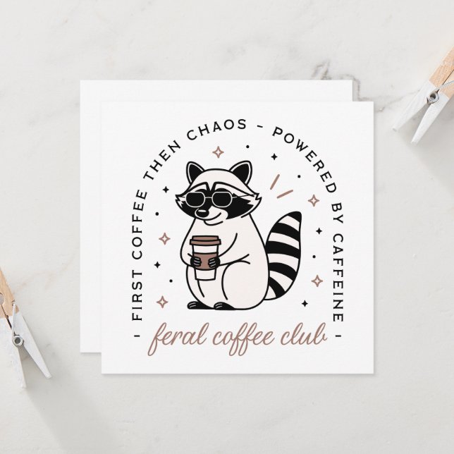 Raccoon Coffee Liebhaber Club lustige wilde Tiere Karte (Vorderseite/Rückseite Beispiel)