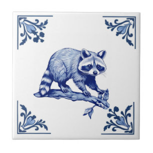 Raccoon Delft Blue und White Corners Woodland Fliese
