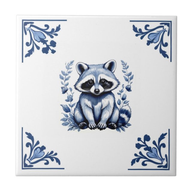 Raccoon Delft Blue White Corners Woodland Tiere Fliese (Vorderseite)