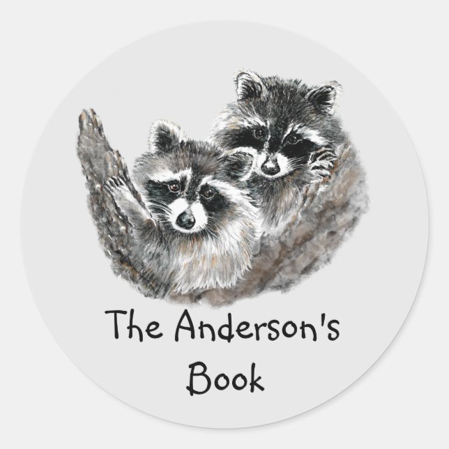 Raccoon Family Book Plate zum Anpassen Runder Aufkleber (Vorderseite)