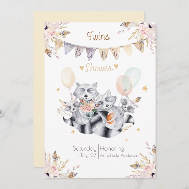 Raccoon Family Twins Boho Babydusche Einladung (Vorne/Hinten)