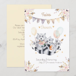 Raccoon Family Twins Boho Babydusche Einladung