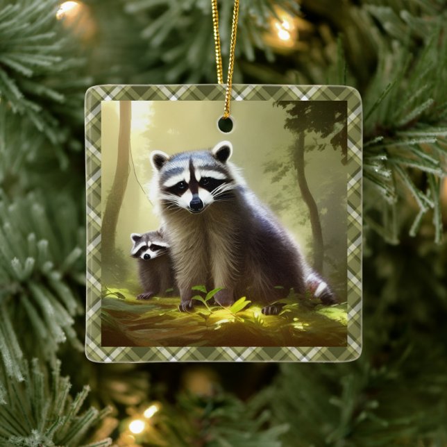 Raccoon Family Wildlife Portrait Personalisiert Keramikornament (Baum)