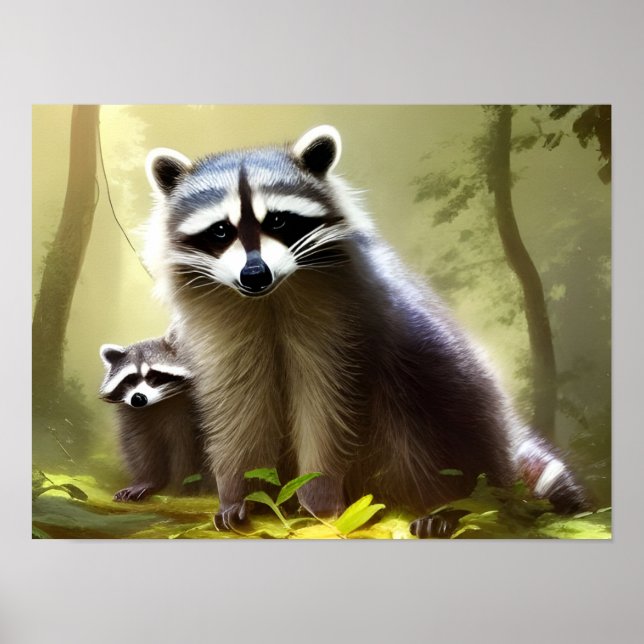 Raccoon Family Wildlife Portrait Poster (Vorne)