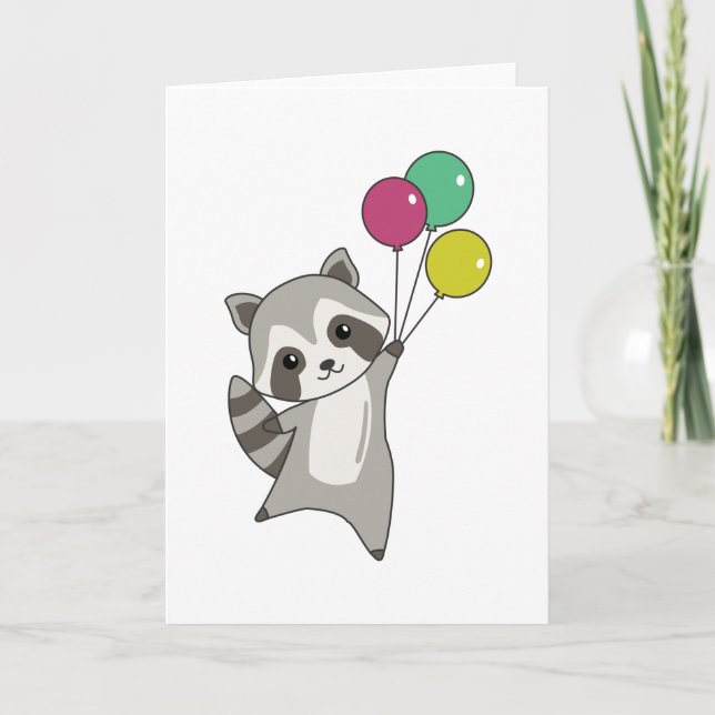 Raccoon Fliegt Balloons über Niedlichen Tieren für Karte (Vorderseite)