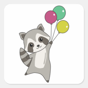 Raccoon Fliegt Balloons über Niedlichen Tieren für Quadratischer Aufkleber