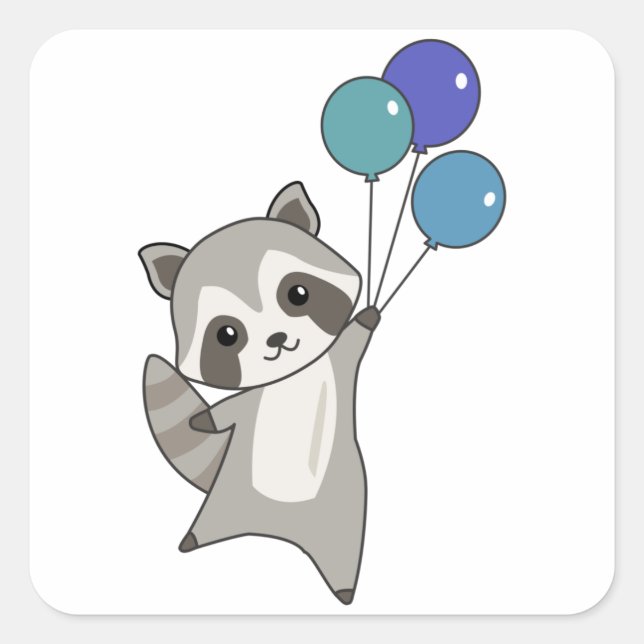 Raccoon Fliegt Balloons über Niedlichen Tieren für Quadratischer Aufkleber (Vorderseite)