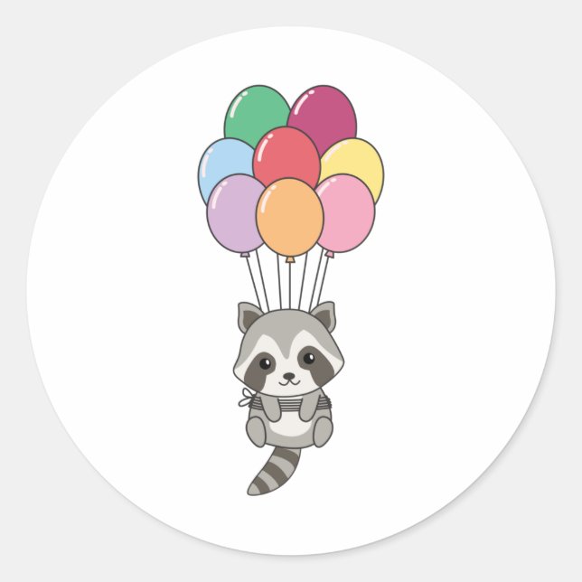 Raccoon fliegt mit farbenfrohen Balloons Runder Aufkleber (Vorderseite)