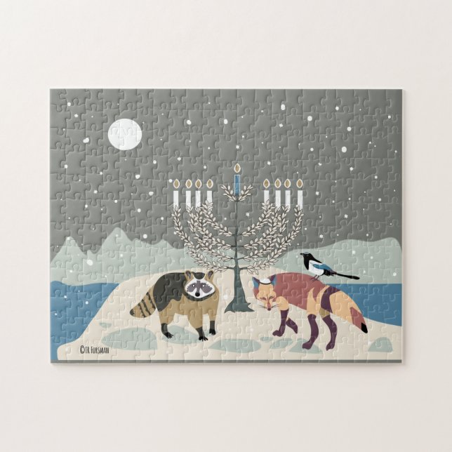 Raccoon.Fox.Magpie Hanukkah 11x14 Puzzle (Horizontal)