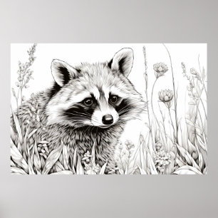 Raccoon Friedliche Natur Prairie Sketch Zeichnend Poster
