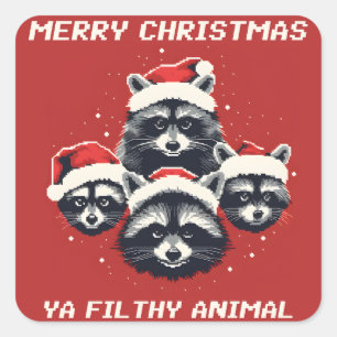 Raccoon Frohe Weihnachten ya dreckiges Tier Quadratischer Aufkleber