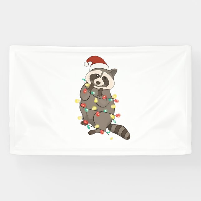 Raccoon Frohe Weihnachtslicht Weihnachtsmannmütze  Banner (Horizontal)