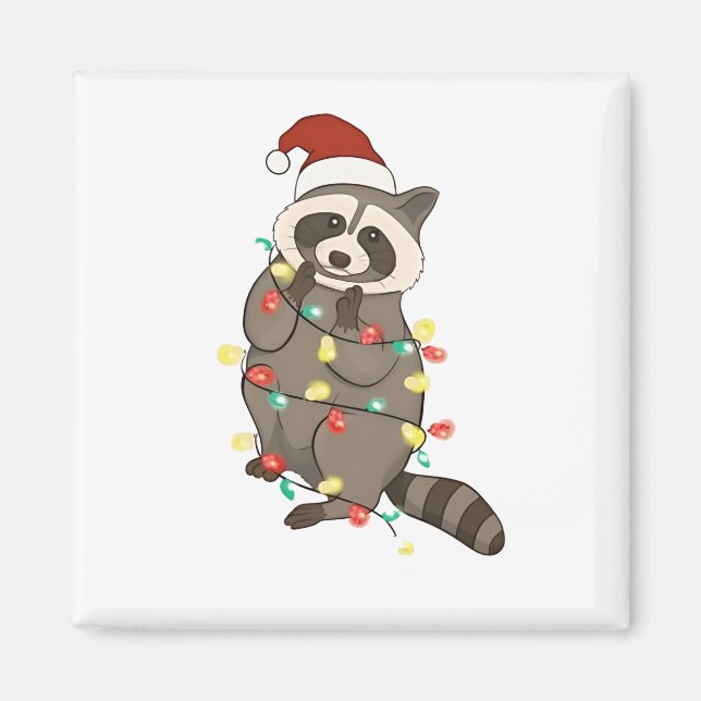 Raccoon Frohe Weihnachtslicht Weihnachtsmannmütze  Magnet (Vorne)