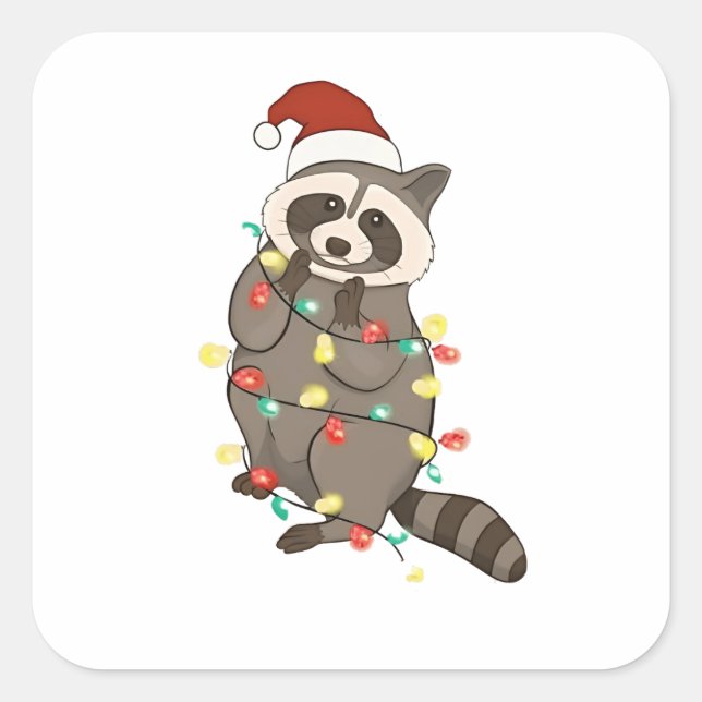 Raccoon Frohe Weihnachtslicht Weihnachtsmannmütze  Quadratischer Aufkleber (Vorderseite)