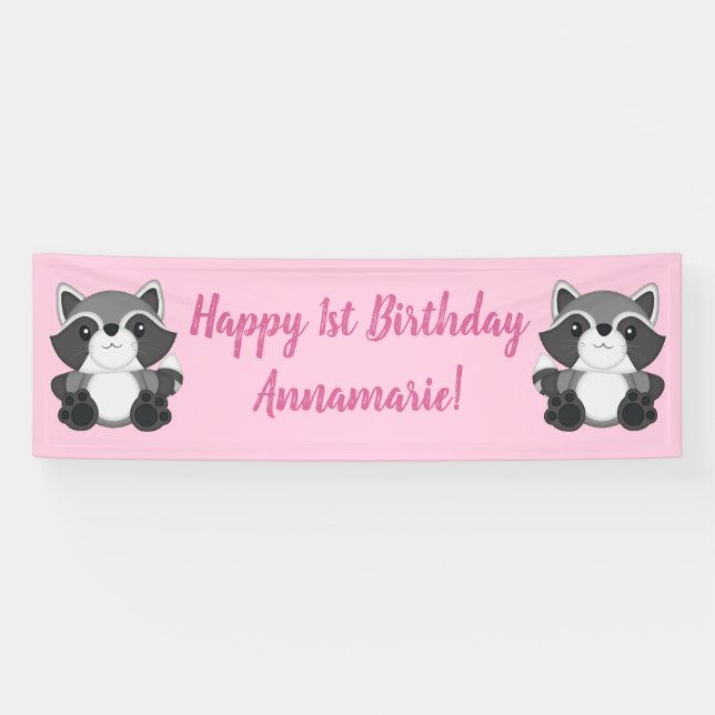 Raccoon Geburtstagsparty Pink Banner (Horizontal)