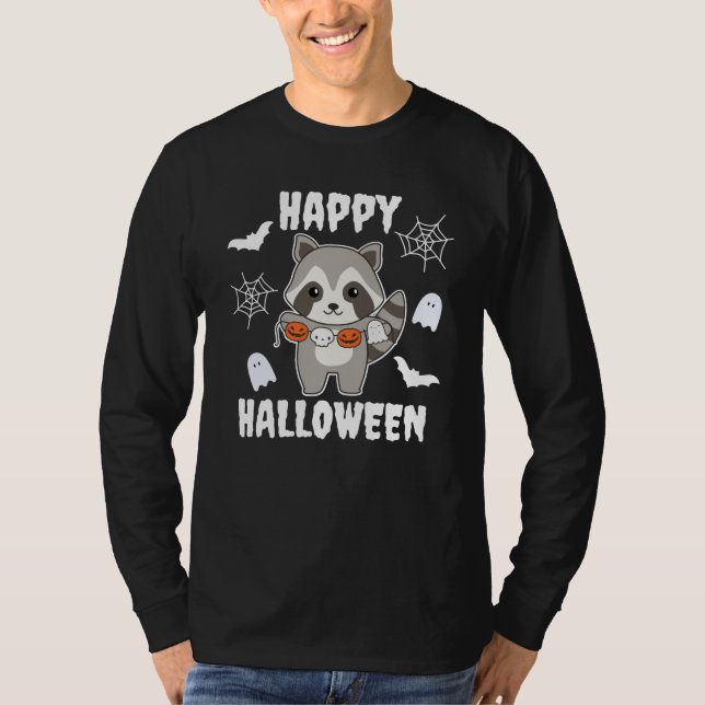 Raccoon Happy Halloween Pumpkin Bat Kostüm T-Shirt (Vorderseite)