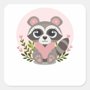 Raccoon Holding a heart for Valentine's Day Quadratischer Aufkleber