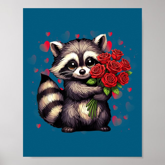 Raccoon Holding Red Rose Cute Raccoon Valentine An Poster (Vorne)