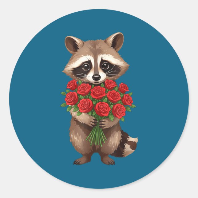 Raccoon Holding Red Rose Cute Raccoon Valentine An Runder Aufkleber (Vorderseite)