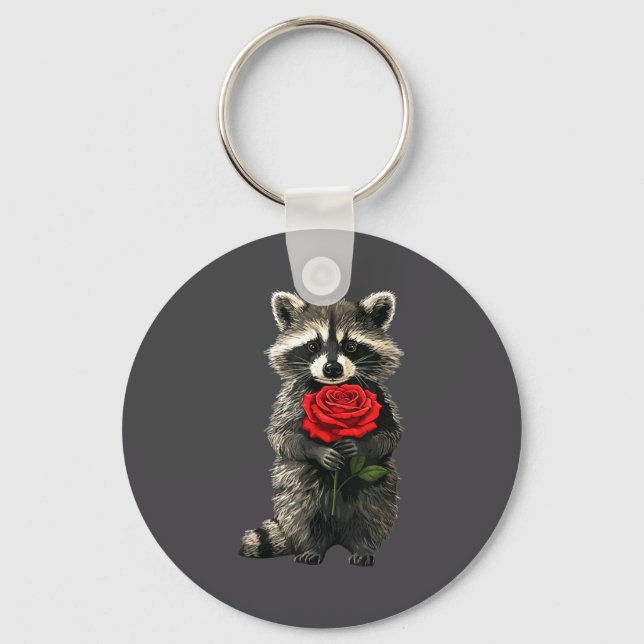 Raccoon Holding Red Rose Cute Raccoon Valentine An Schlüsselanhänger (Vorderseite)