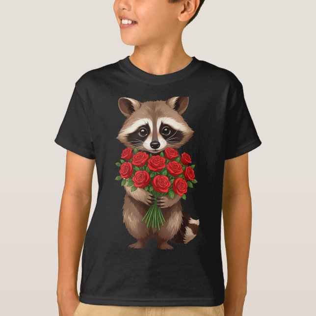 Raccoon Holding Red Rose Cute Raccoon Valentine An T-Shirt (Vorderseite)