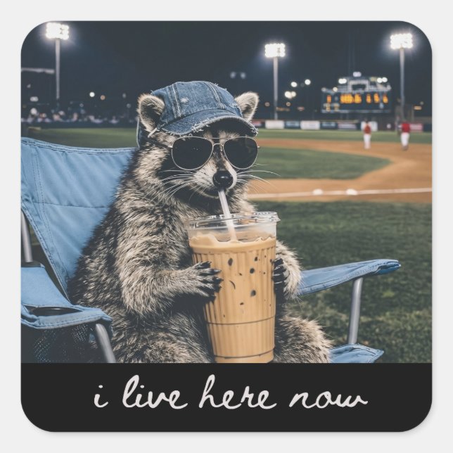 Raccoon I Live Here Now Shirt Raccoon Drinking Ice Quadratischer Aufkleber (Vorderseite)