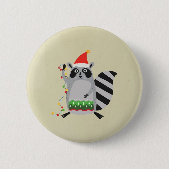 Raccoon in der Weihnachtsmannmütze in der Urlaubsa Button (Vorderseite)